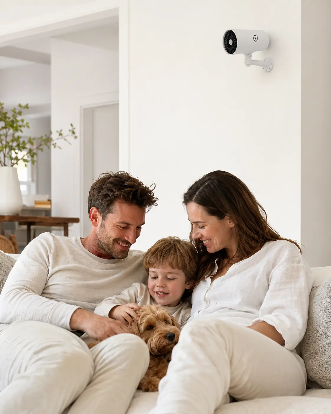 A family in a bright living room at home