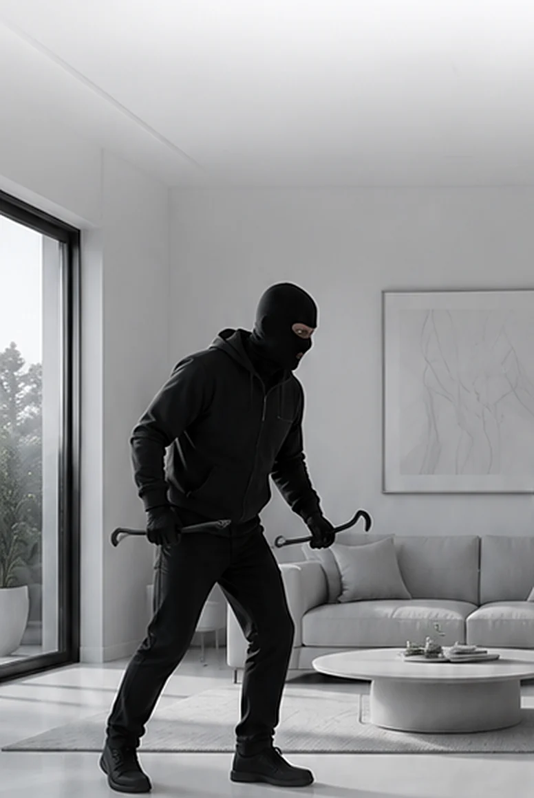 An intruder stopped by dense security fog filling a room