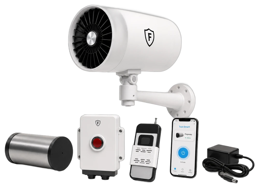 Everything in the box: the Fogaway device and bracket, fog cartridge, panic button, remote control, power adapter, and the Fogaway app