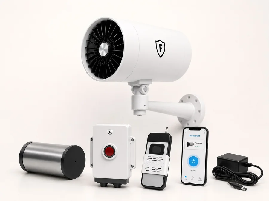 Fogaway X1 kit contents arranged flat: device, remote, panic button and cartridge