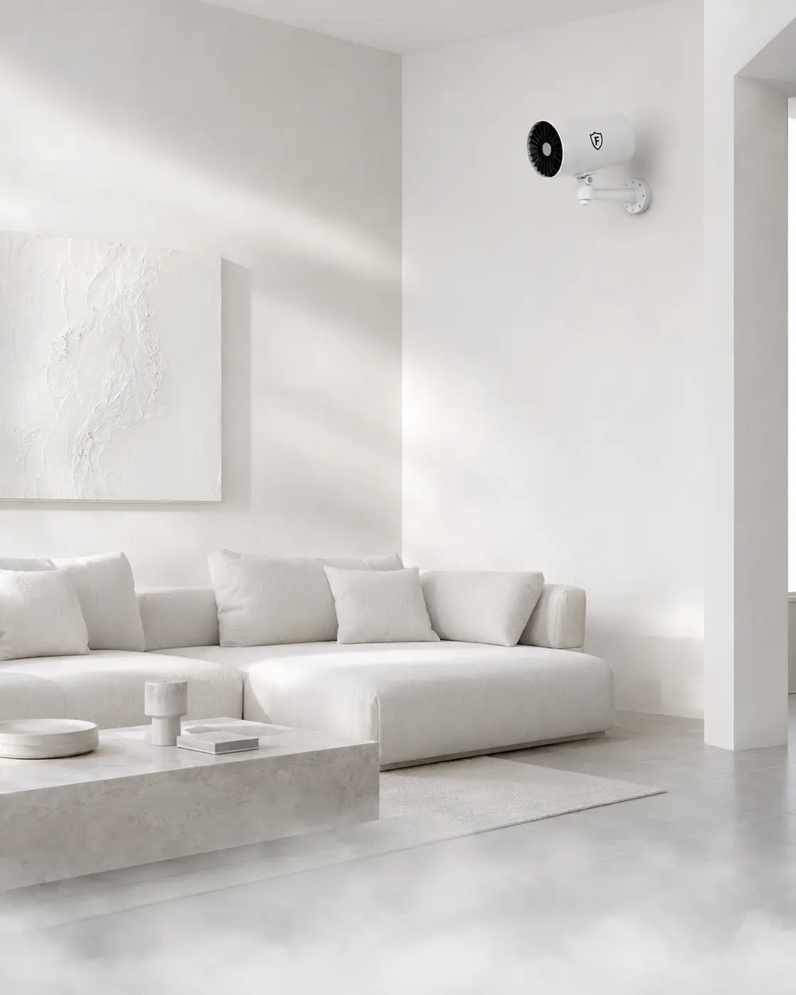 A calm, secure living room in the evening