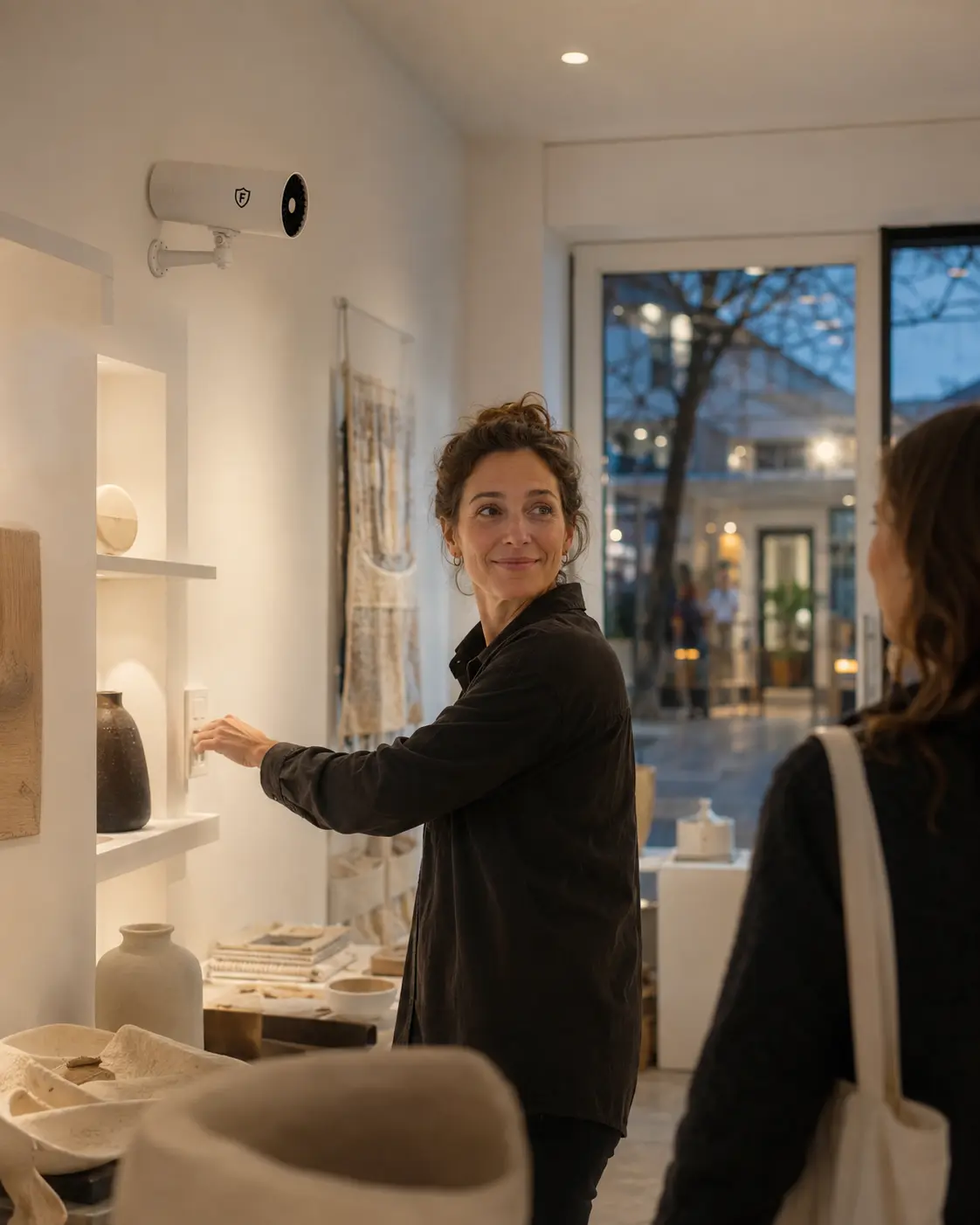 An independent shop owner closing up a boutique in the evening