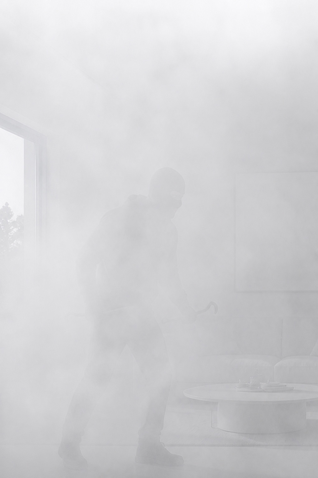 A room filling with dense white security fog