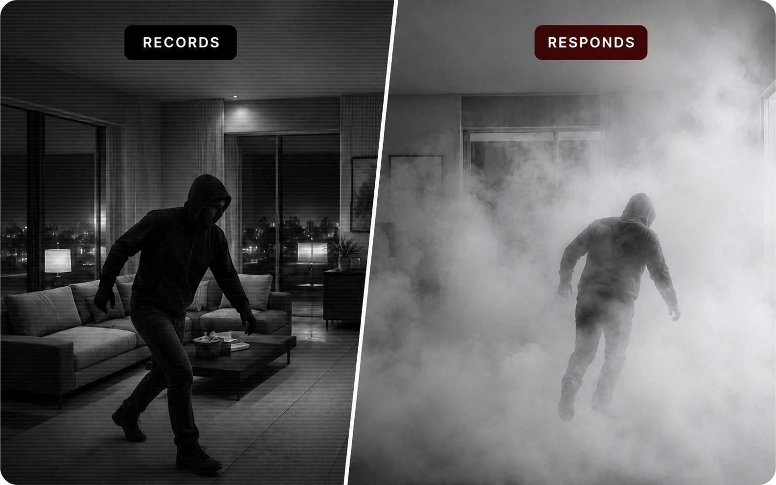 Split view: a security camera records an intruder in a dark room, then Fogaway floods the same room with dense fog, leaving the intruder with zero visibility